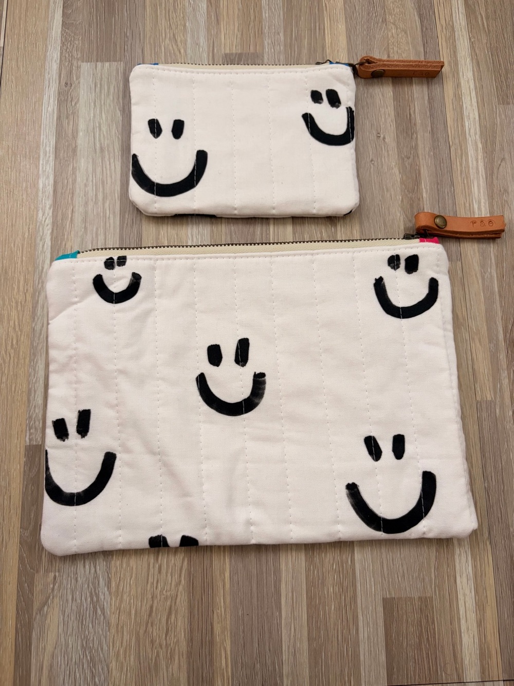 Handmade Smiley Travel Pouch Set w/ Leather Zipper 🙂